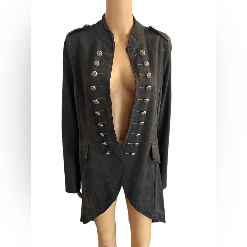 Adore long duster style knit fabric  coat gray silver decorative buttons Sz S